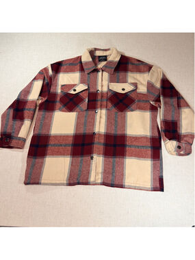 HFX Plaid Snap Button Flannel Shacket Jacket Maroon Cream Women's L